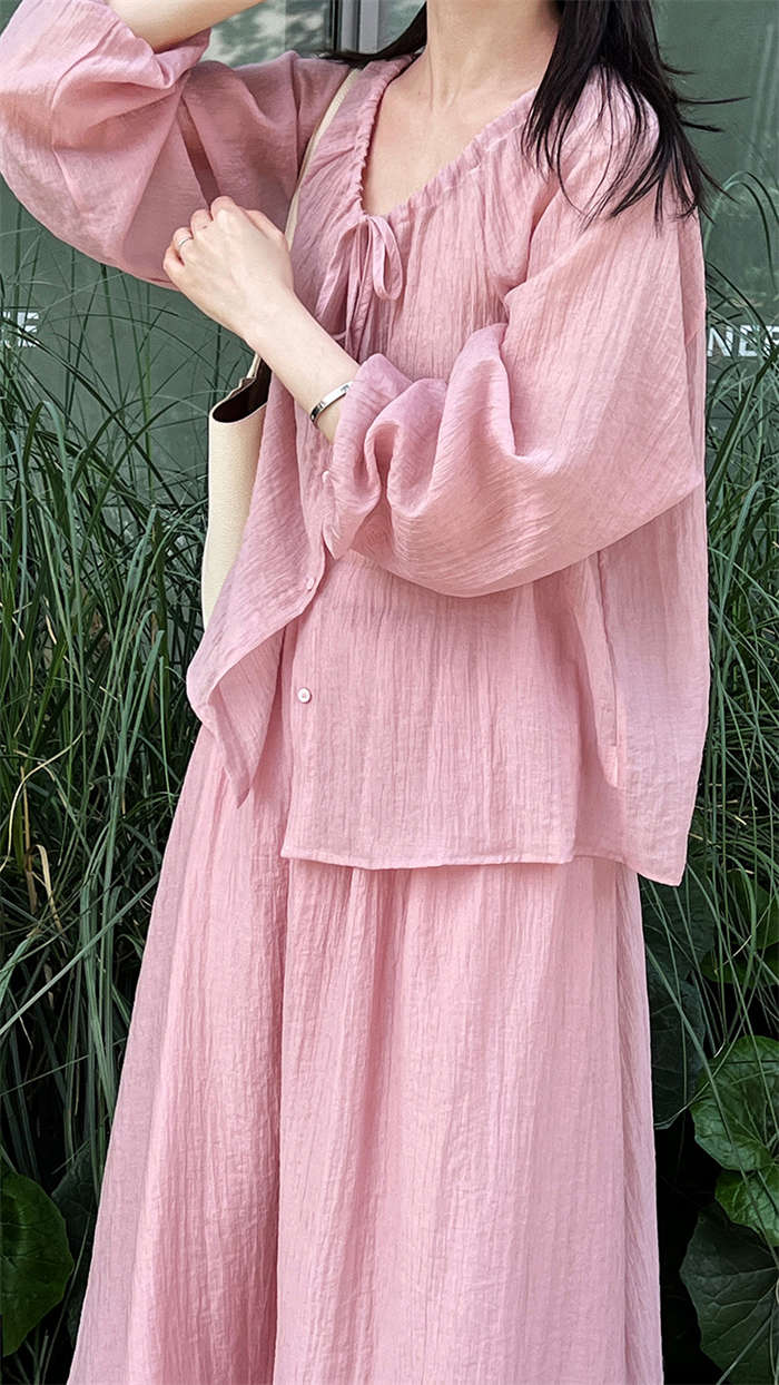 セットアップ 上下セット レディース 春 夏 秋2点セット トップス スカート シャツ ブラウス 無地 長袖 スカートスーツ ロングスカート ウエストゴム リボン付き シワ加工 体型カバー 着回し