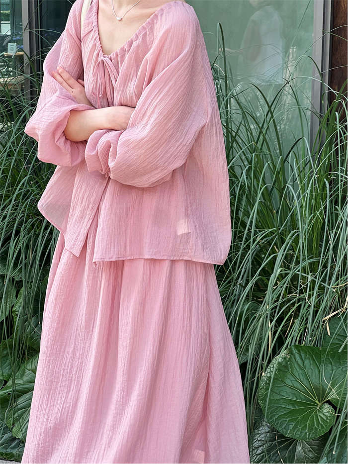 セットアップ 上下セット レディース 春 夏 秋2点セット トップス スカート シャツ ブラウス 無地 長袖 スカートスーツ ロングスカート ウエストゴム リボン付き シワ加工 体型カバー 着回し