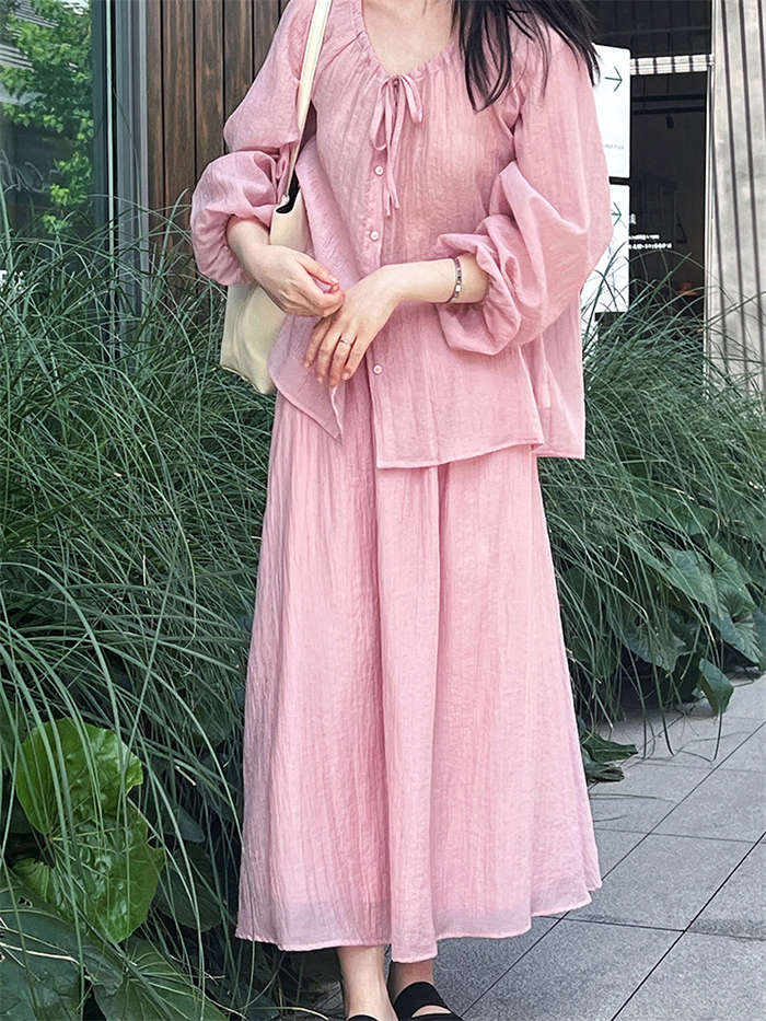 セットアップ 上下セット レディース 春 夏 秋2点セット トップス スカート シャツ ブラウス 無地 長袖 スカートスーツ ロングスカート ウエストゴム リボン付き シワ加工 体型カバー 着回し