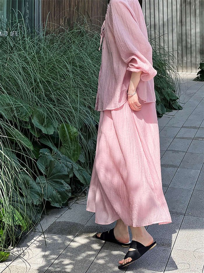 セットアップ 上下セット レディース 春 夏 秋2点セット トップス スカート シャツ ブラウス 無地 長袖 スカートスーツ ロングスカート ウエストゴム リボン付き シワ加工 体型カバー 着回し