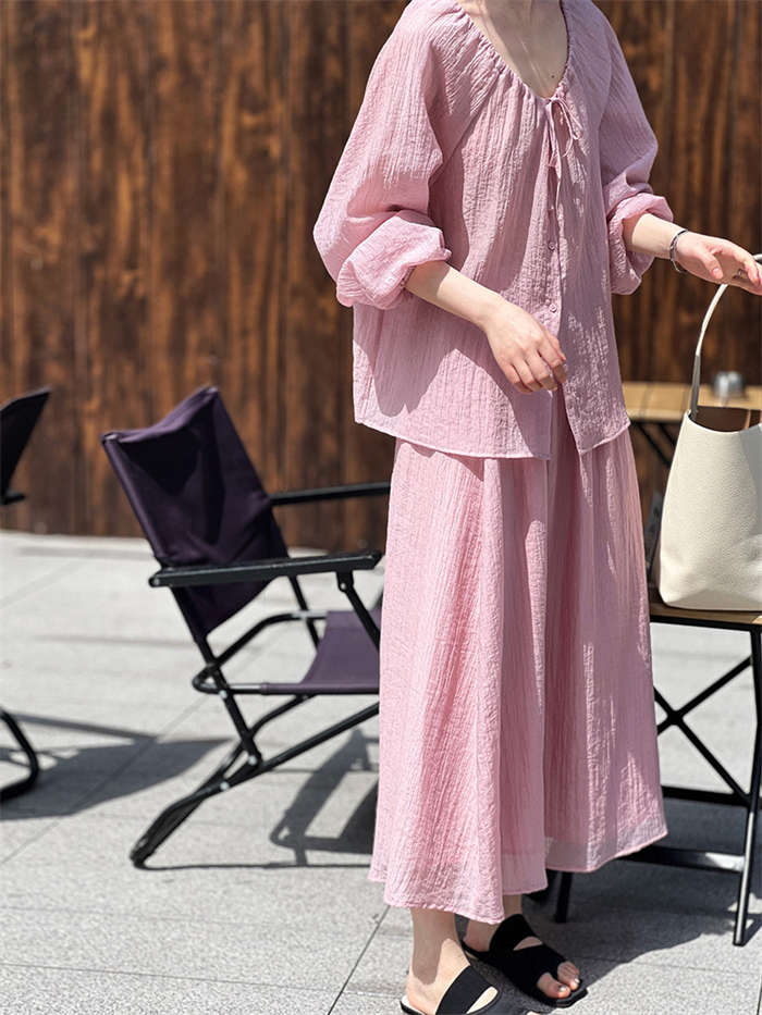 セットアップ 上下セット レディース 春 夏 秋2点セット トップス スカート シャツ ブラウス 無地 長袖 スカートスーツ ロングスカート ウエストゴム リボン付き シワ加工 体型カバー 着回し