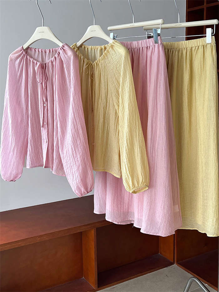 セットアップ 上下セット レディース 春 夏 秋2点セット トップス スカート シャツ ブラウス 無地 長袖 スカートスーツ ロングスカート ウエストゴム リボン付き シワ加工 体型カバー 着回し