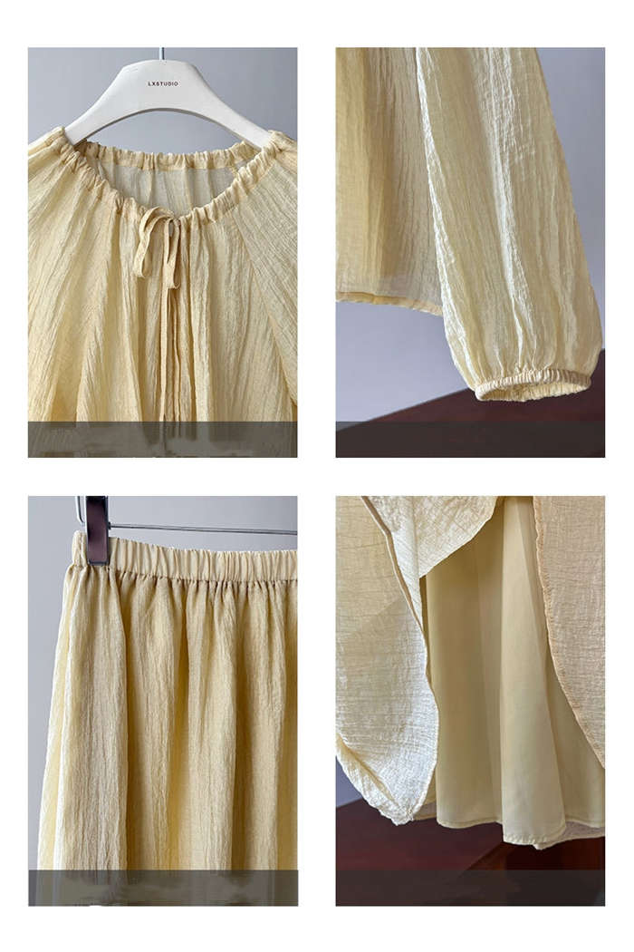 セットアップ 上下セット レディース 春 夏 秋2点セット トップス スカート シャツ ブラウス 無地 長袖 スカートスーツ ロングスカート ウエストゴム リボン付き シワ加工 体型カバー 着回し