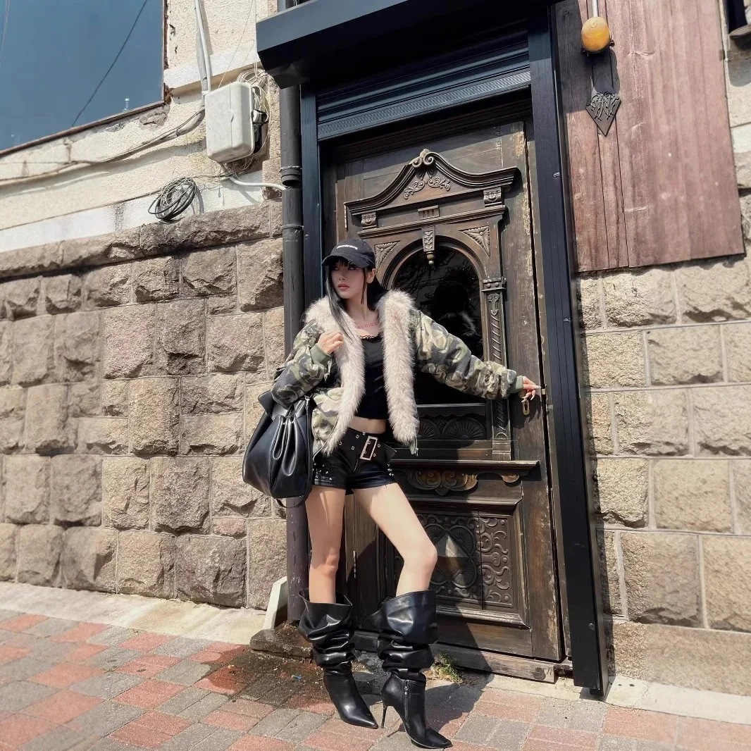 [y2k/フィットミーチム/ハイクオリティ] カモ ファー ファーダウン キルティング ダウン キルティングダウン ルーズ デイリー アウター 迷彩 ファーコートファージャケットチェスターコー福