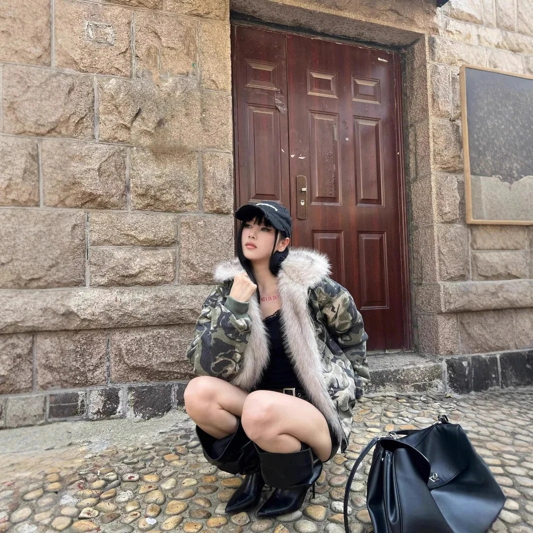 [y2k/フィットミーチム/ハイクオリティ] カモ ファー ファーダウン キルティング ダウン キルティングダウン ルーズ デイリー アウター 迷彩 ファーコートファージャケットチェスターコー福