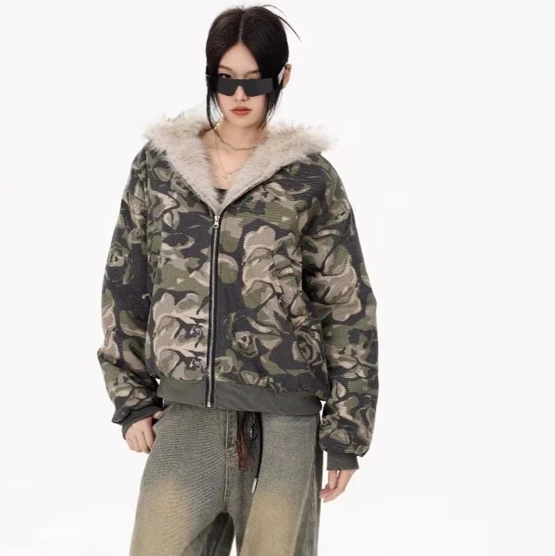 [y2k/フィットミーチム/ハイクオリティ] カモ ファー ファーダウン キルティング ダウン キルティングダウン ルーズ デイリー アウター 迷彩 ファーコートファージャケットチェスターコー福