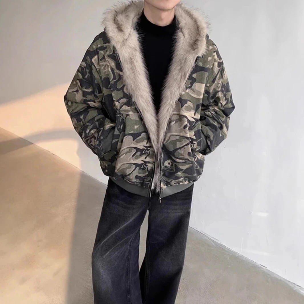 [y2k/フィットミーチム/ハイクオリティ] カモ ファー ファーダウン キルティング ダウン キルティングダウン ルーズ デイリー アウター 迷彩 ファーコートファージャケットチェスターコー福
