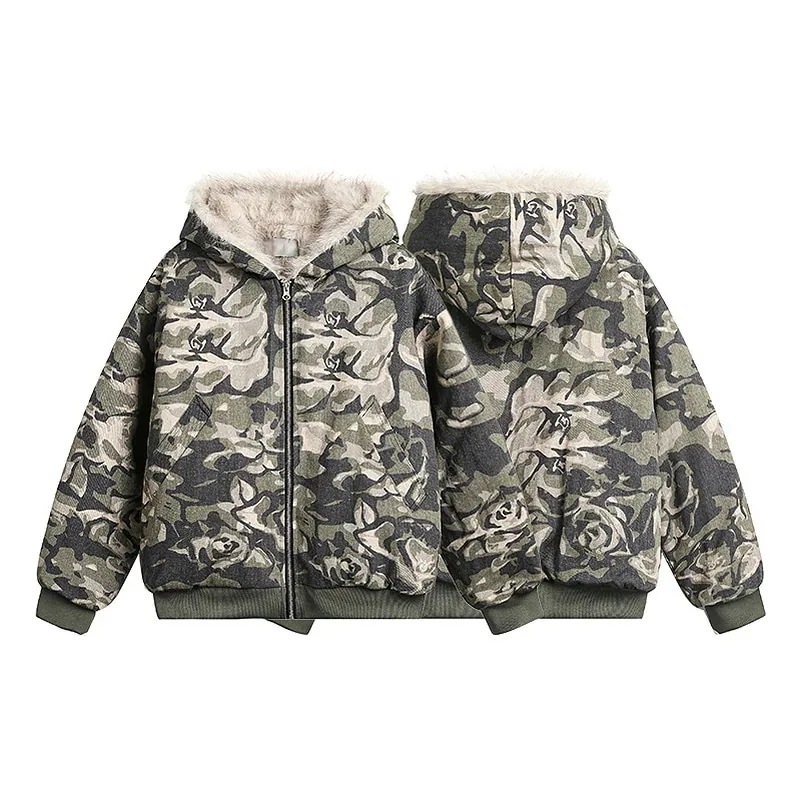 [y2k/フィットミーチム/ハイクオリティ] カモ ファー ファーダウン キルティング ダウン キルティングダウン ルーズ デイリー アウター 迷彩 ファーコートファージャケットチェスターコー福