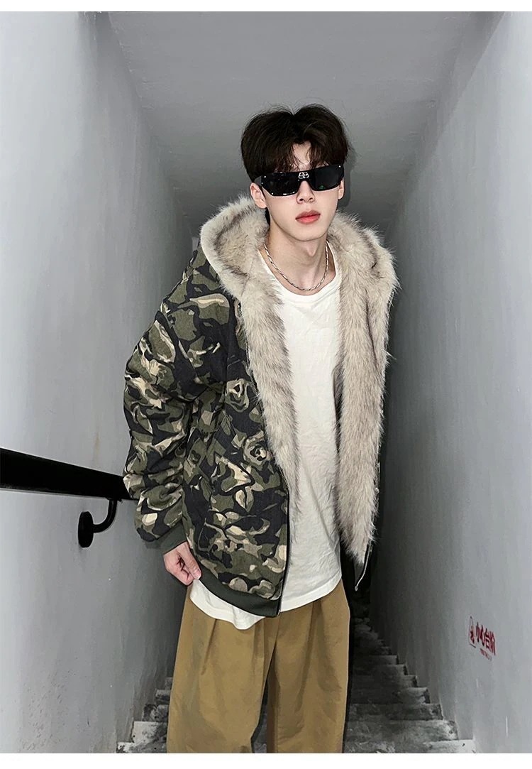 [y2k/フィットミーチム/ハイクオリティ] カモ ファー ファーダウン キルティング ダウン キルティングダウン ルーズ デイリー アウター 迷彩 ファーコートファージャケットチェスターコー福