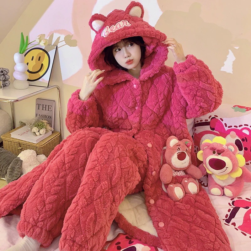 サンゴのベルベットの寝衣の女性の秋冬のベルベットの厚い3層の綿入れの上着の新しい冬のパジャマの家の服