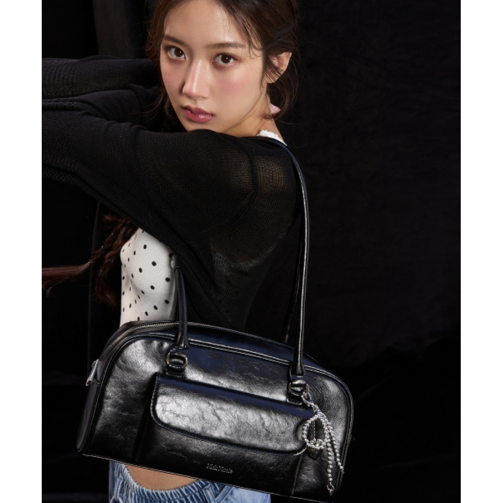 NICK&NICOLE ニコールポケットレザーバゲットバッグ_ブラック NICK&NICOLE ニコールポケットレザーバゲットバッグ_ブラック