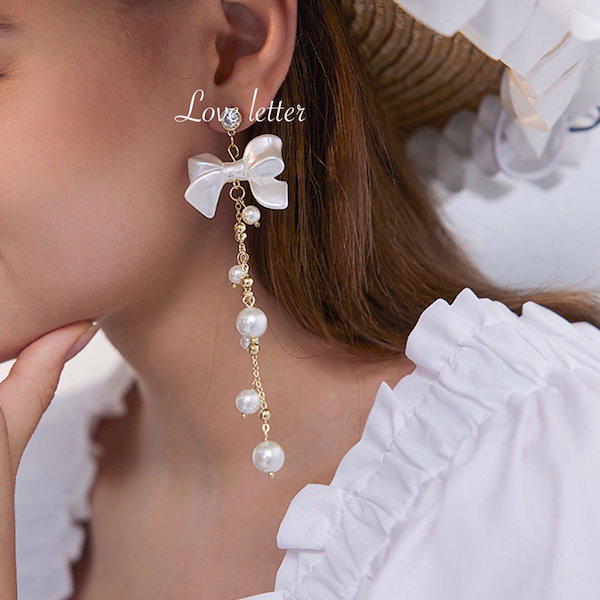 Qoo10] 量産型ホワイトリボンパールビジューピアス