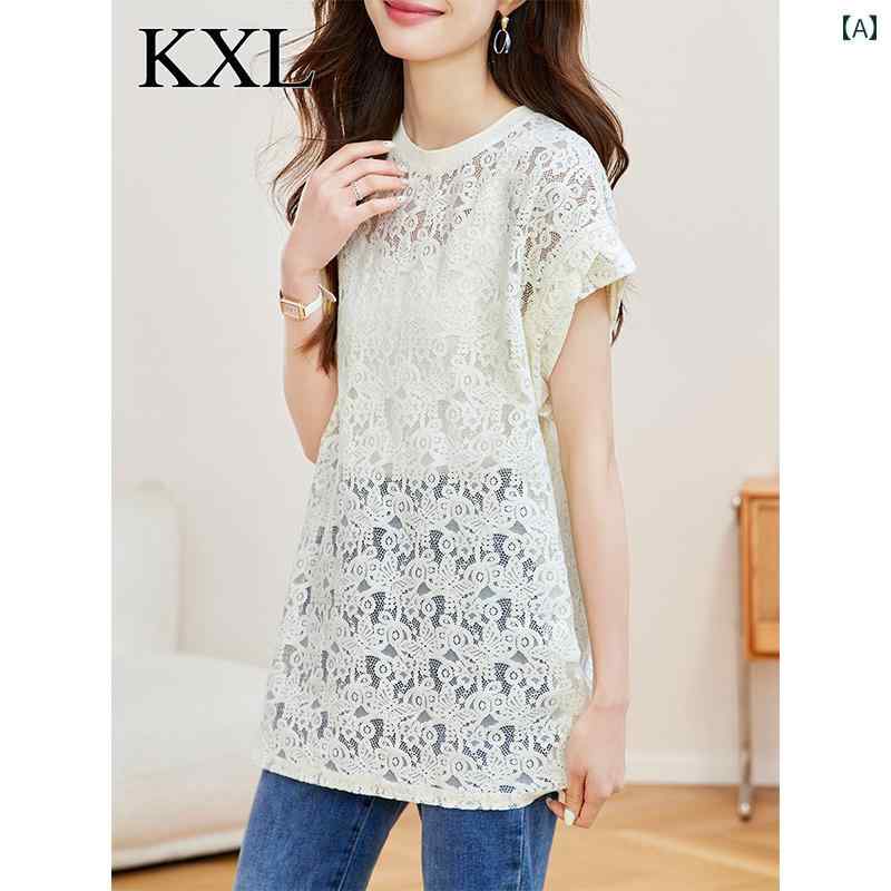 トップス レディース おしゃれ 上品 通勤 オフィス カジュアル 夏 レングス ヒップ カバー 半袖 Tシャツ 見栄え レース シャツ