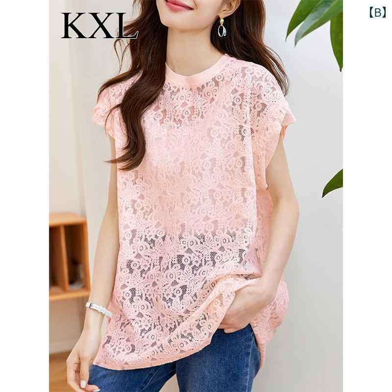 トップス レディース おしゃれ 上品 通勤 オフィス カジュアル 夏 レングス ヒップ カバー 半袖 Tシャツ 見栄え レース シャツ