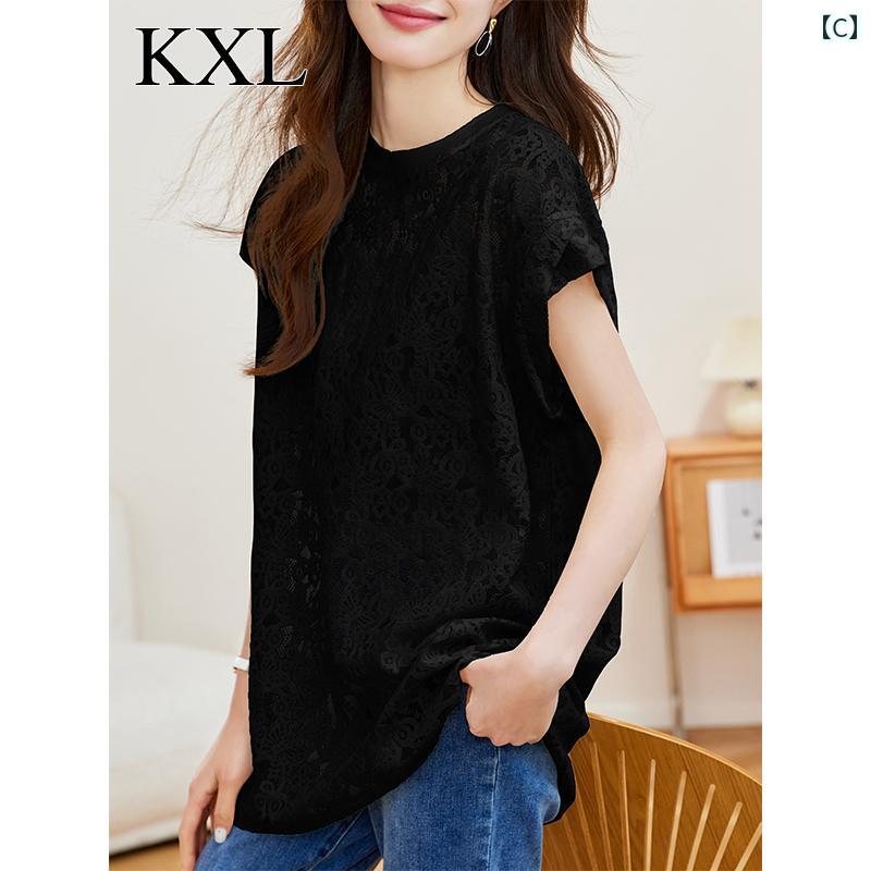 トップス レディース おしゃれ 上品 通勤 オフィス カジュアル 夏 レングス ヒップ カバー 半袖 Tシャツ 見栄え レース シャツ