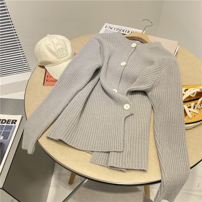 トップス カーディガン 袖あり 長袖 クルーネック 襟なし