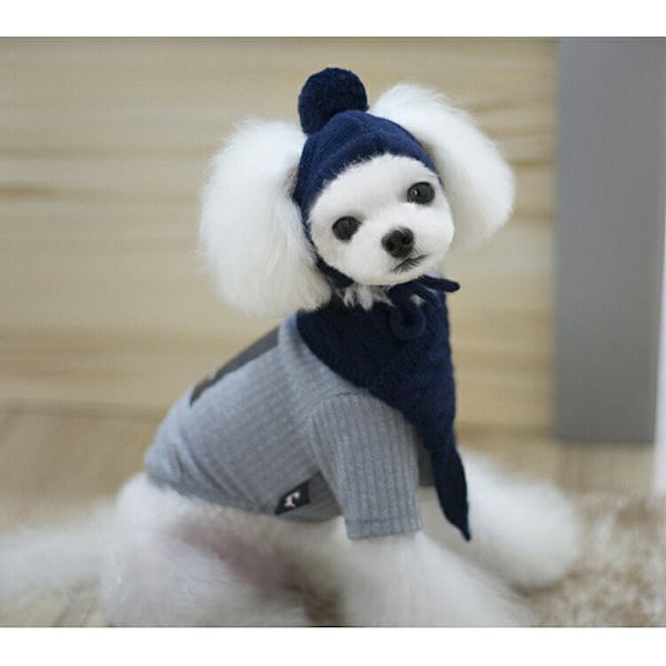 新商品!! 犬服 マフラー付き 保温性 防寒性 Sサイズ 紺色 ネイビー Qoo10] 犬 マフラー 帽子 2点セット 防寒着