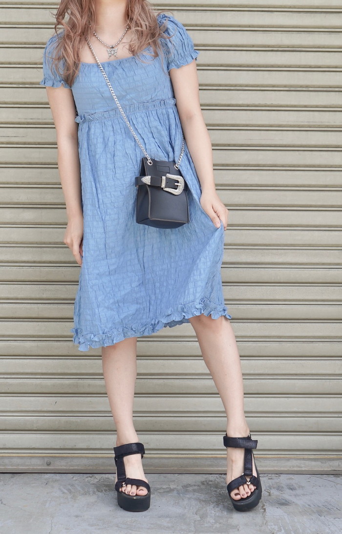 Puffsleeve Classical Flare Onepiece (baby blue) A,D, Gレディース