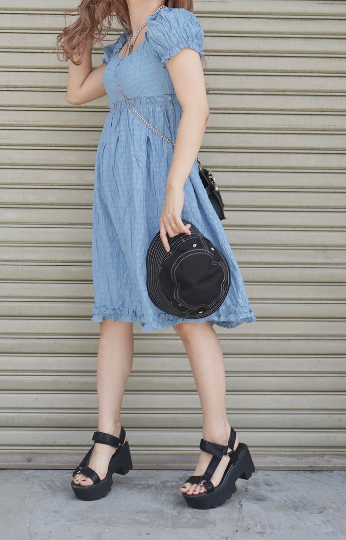Puffsleeve Classical Flare Onepiece (baby blue) A,D, Gレディース