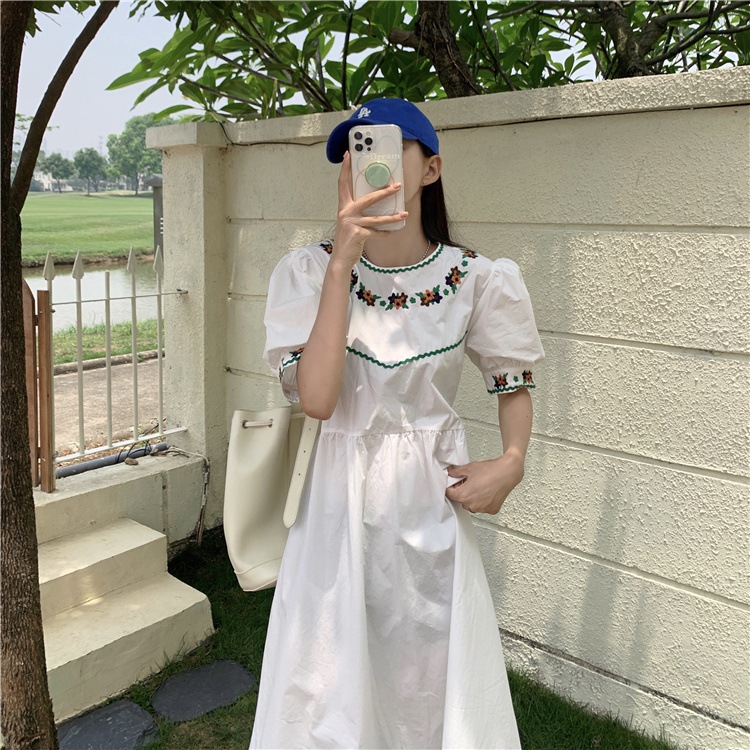 2色 レトロ風 春服 ワンピース 半袖 春 夏 カジュアル シャツワンピース ふんわり Aライン フレアワンピース ミモレ丈 ミディアム丈 ミドル丈 ぽわん袖 パフスリーブ ラウンドネック 襟なし 刺