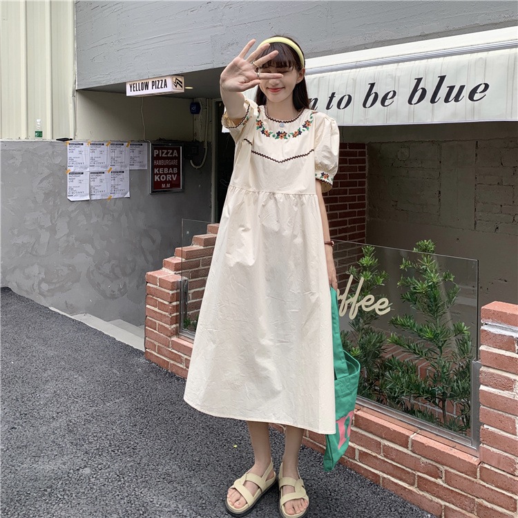 2色 レトロ風 春服 ワンピース 半袖 春 夏 カジュアル シャツワンピース ふんわり Aライン フレアワンピース ミモレ丈 ミディアム丈 ミドル丈 ぽわん袖 パフスリーブ ラウンドネック 襟なし 刺