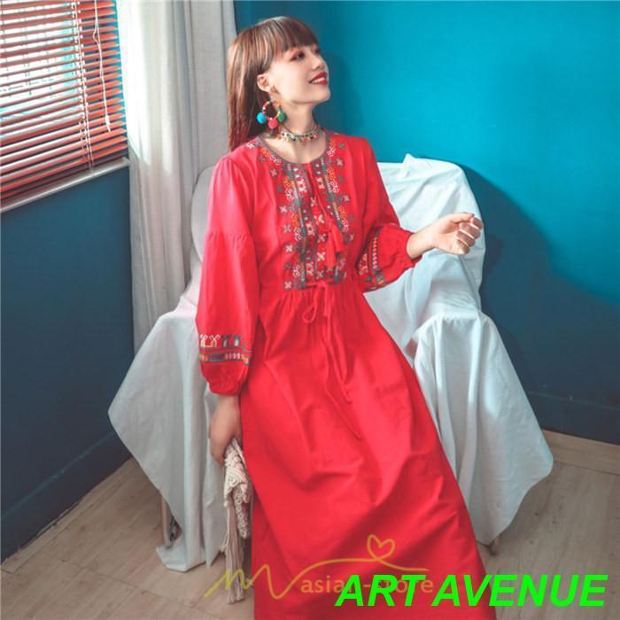 ワンピース 長袖 ハイウエスト 綿麻 コットン リネン ロング ロング丈 Aライン ワンピ レディース 着痩せ 体型カバー 丸首 白 赤 黄色 通勤 刺繍 Vネック