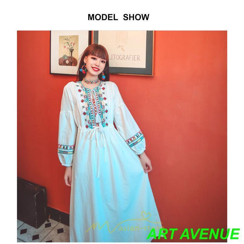 ワンピース 長袖 ハイウエスト 綿麻 コットン リネン ロング ロング丈 Aライン ワンピ レディース 着痩せ 体型カバー 丸首 白 赤 黄色 通勤 刺繍 Vネック