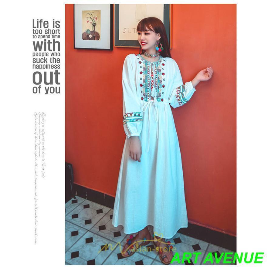 ワンピース 長袖 ハイウエスト 綿麻 コットン リネン ロング ロング丈 Aライン ワンピ レディース 着痩せ 体型カバー 丸首 白 赤 黄色 通勤 刺繍 Vネック