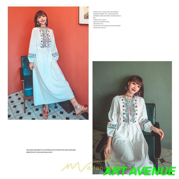 ワンピース 長袖 ハイウエスト 綿麻 コットン リネン ロング ロング丈 Aライン ワンピ レディース 着痩せ 体型カバー 丸首 白 赤 黄色 通勤 刺繍 Vネック