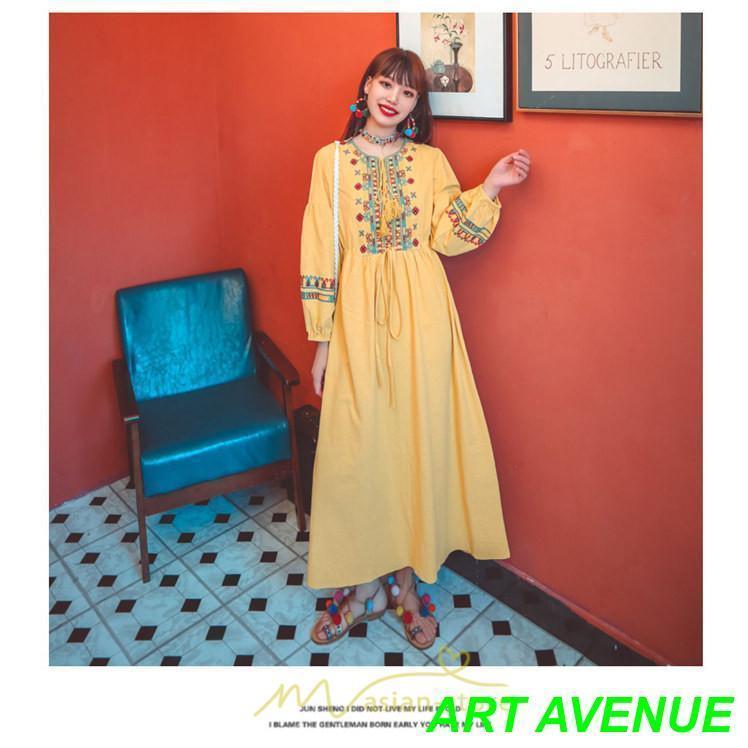 ワンピース 長袖 ハイウエスト 綿麻 コットン リネン ロング ロング丈 Aライン ワンピ レディース 着痩せ 体型カバー 丸首 白 赤 黄色 通勤 刺繍 Vネック