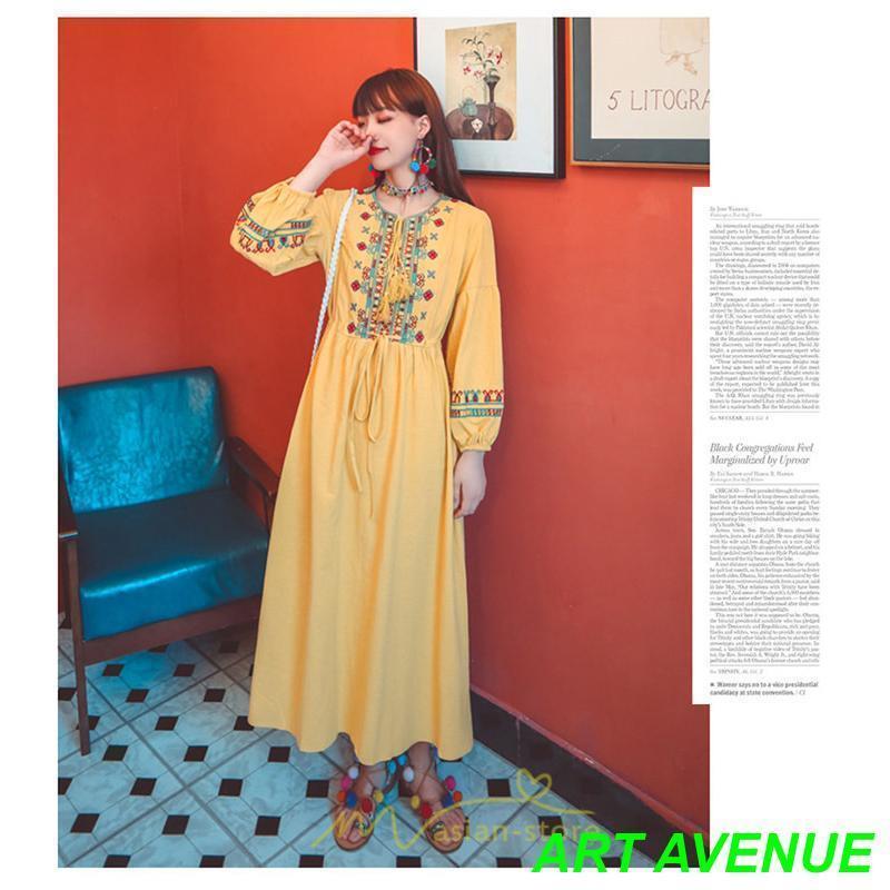 ワンピース 長袖 ハイウエスト 綿麻 コットン リネン ロング ロング丈 Aライン ワンピ レディース 着痩せ 体型カバー 丸首 白 赤 黄色 通勤 刺繍 Vネック