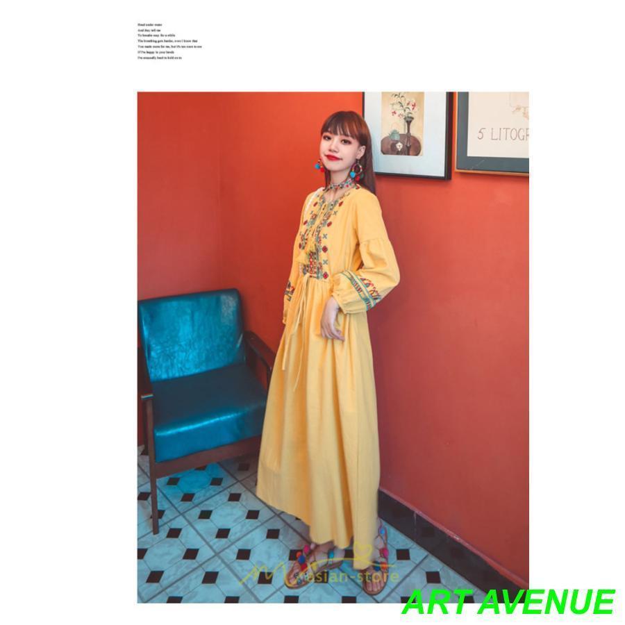 ワンピース 長袖 ハイウエスト 綿麻 コットン リネン ロング ロング丈 Aライン ワンピ レディース 着痩せ 体型カバー 丸首 白 赤 黄色 通勤 刺繍 Vネック