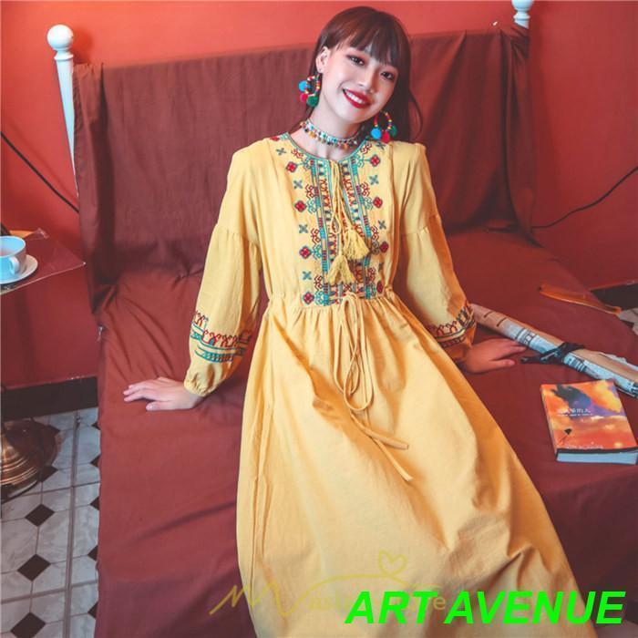 ワンピース 長袖 ハイウエスト 綿麻 コットン リネン ロング ロング丈 Aライン ワンピ レディース 着痩せ 体型カバー 丸首 白 赤 黄色 通勤 刺繍 Vネック