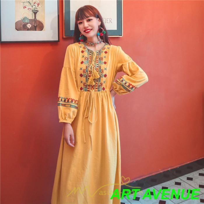ワンピース 長袖 ハイウエスト 綿麻 コットン リネン ロング ロング丈 Aライン ワンピ レディース 着痩せ 体型カバー 丸首 白 赤 黄色 通勤 刺繍 Vネック