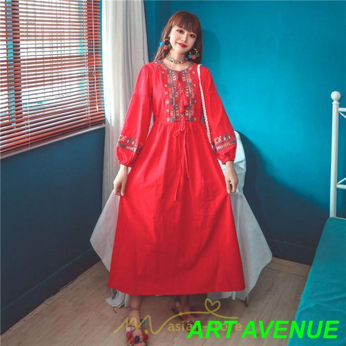 ワンピース 長袖 ハイウエスト 綿麻 コットン リネン ロング ロング丈 Aライン ワンピ レディース 着痩せ 体型カバー 丸首 白 赤 黄色 通勤 刺繍 Vネック