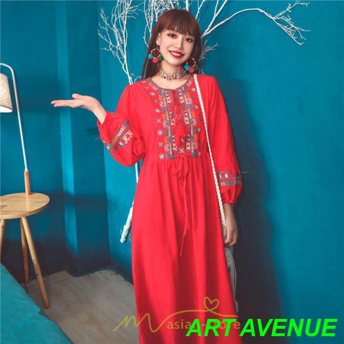 ワンピース 長袖 ハイウエスト 綿麻 コットン リネン ロング ロング丈 Aライン ワンピ レディース 着痩せ 体型カバー 丸首 白 赤 黄色 通勤 刺繍 Vネック