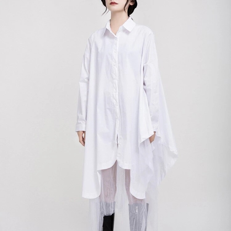 ワンピース開き襟長袖ワンピース ニューデザイン切り替えメッシュ 不規則 シャツワンピース