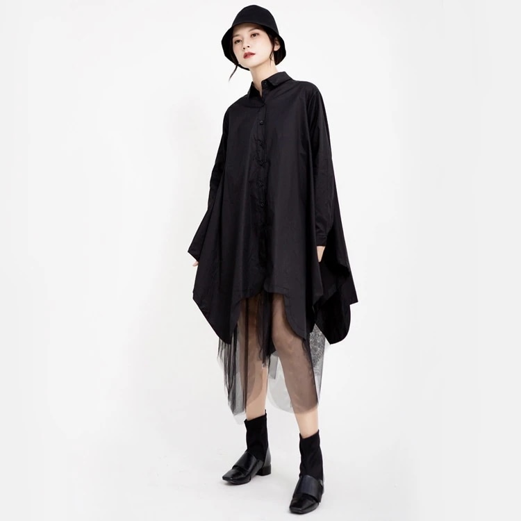 ワンピース開き襟長袖ワンピース ニューデザイン切り替えメッシュ 不規則 シャツワンピース