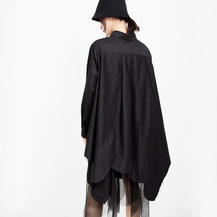 ワンピース開き襟長袖ワンピース ニューデザイン切り替えメッシュ 不規則 シャツワンピース