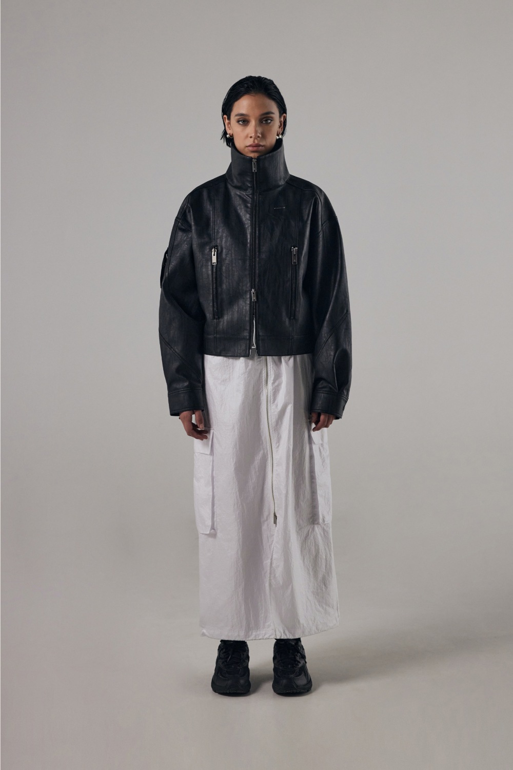 【TREEMINGBIRD】 BOLD ZIP HIGE-NECK LEATHER JACKET : BLACK