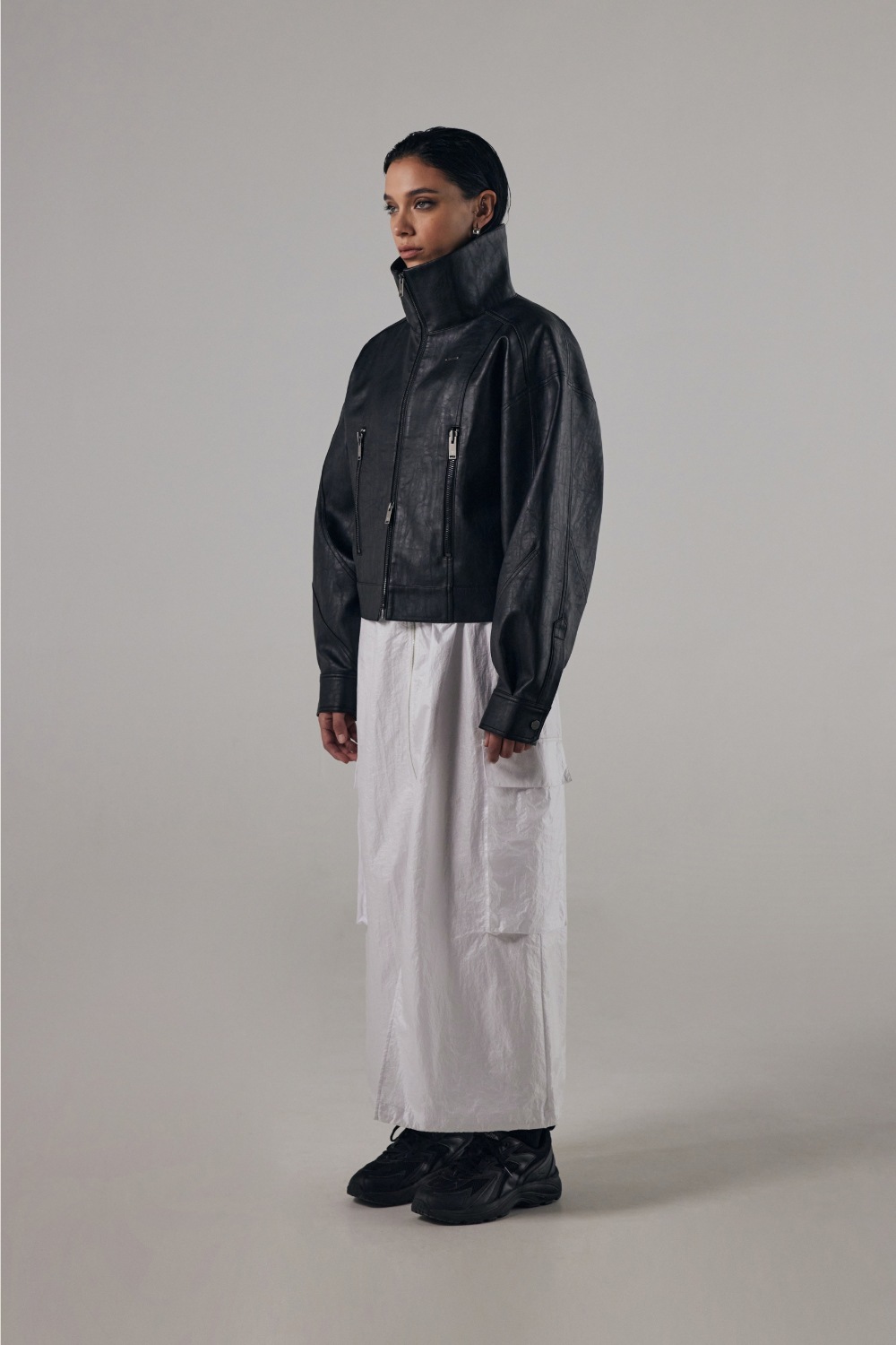 【TREEMINGBIRD】 BOLD ZIP HIGE-NECK LEATHER JACKET : BLACK