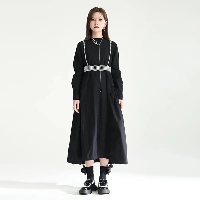 ロングワンピース 体型カバー シャツワンピース 無地 日系 パーティードレスドレス綿麻 長袖 秋服 切り替え イレギュラー ワンピース