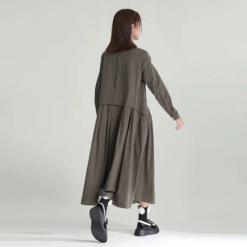 ロングワンピース 体型カバー シャツワンピース 無地 日系 パーティードレスドレス綿麻 長袖 秋服 切り替え イレギュラー ワンピース