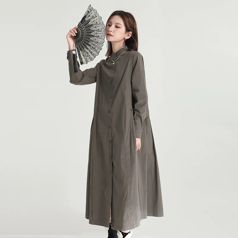 ロングワンピース 体型カバー シャツワンピース 無地 日系 パーティードレスドレス綿麻 長袖 秋服 切り替え イレギュラー ワンピース