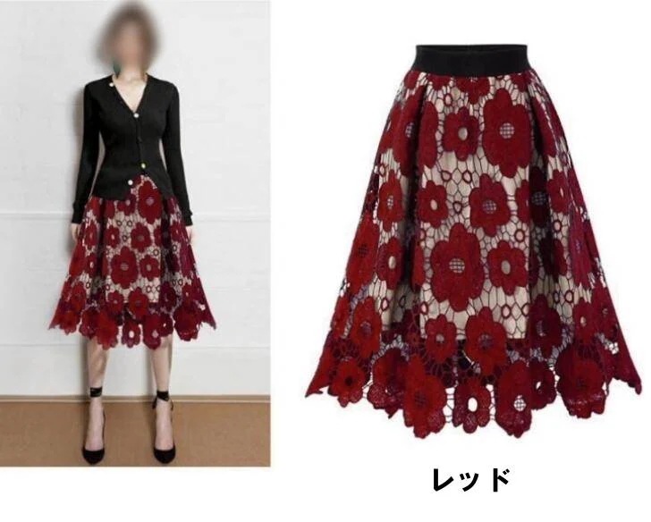 【送料無料】ひざ下丈 裏地付き シースルー レース 花柄 フラワー フレア Aライン ボトムス 3色 レディース 花柄レーススカート
