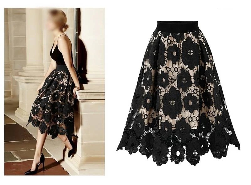 【送料無料】ひざ下丈 裏地付き シースルー レース 花柄 フラワー フレア Aライン ボトムス 3色 レディース 花柄レーススカート