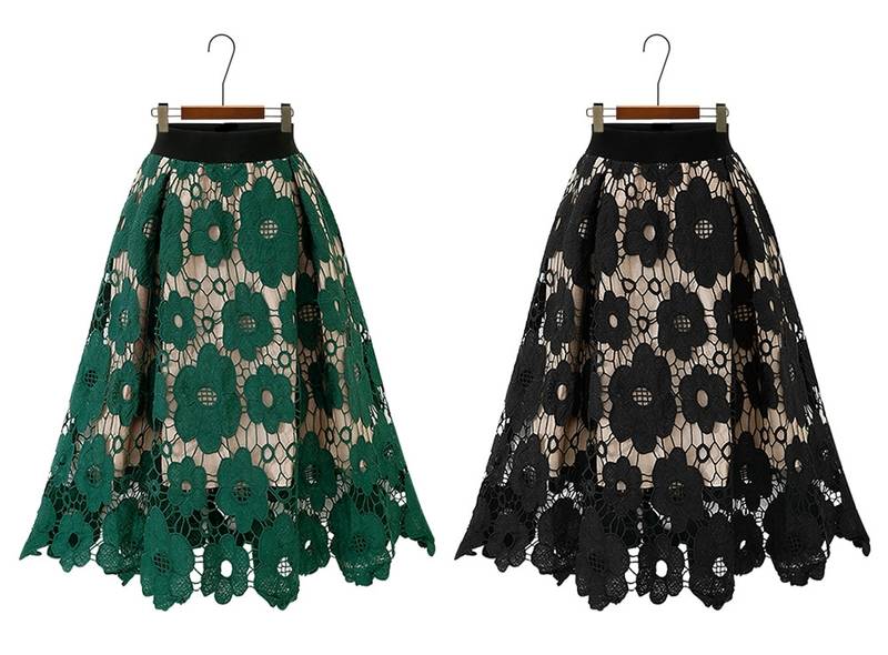 【送料無料】ひざ下丈 裏地付き シースルー レース 花柄 フラワー フレア Aライン ボトムス 3色 レディース 花柄レーススカート