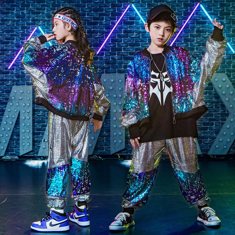 【4245人好評】ストリートダンスセット男児hiphopヒップホップ潮銀色女児ジャズダンス衣装スパンコール元旦児童演出服