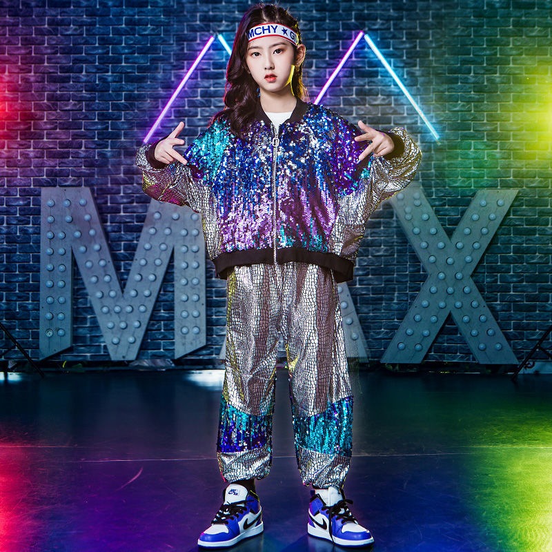 【4245人好評】ストリートダンスセット男児hiphopヒップホップ潮銀色女児ジャズダンス衣装スパンコール元旦児童演出服