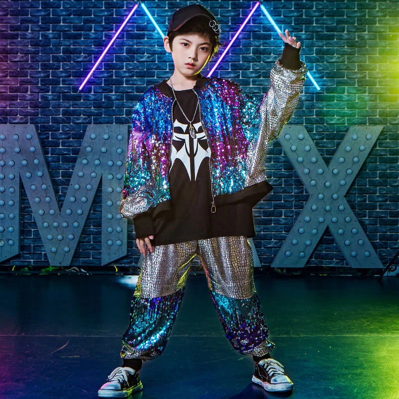 【4245人好評】ストリートダンスセット男児hiphopヒップホップ潮銀色女児ジャズダンス衣装スパンコール元旦児童演出服